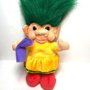 Vintage Imperial Troll Plush Green Hair Yellow Dress Soft Doll Toy Green Hair